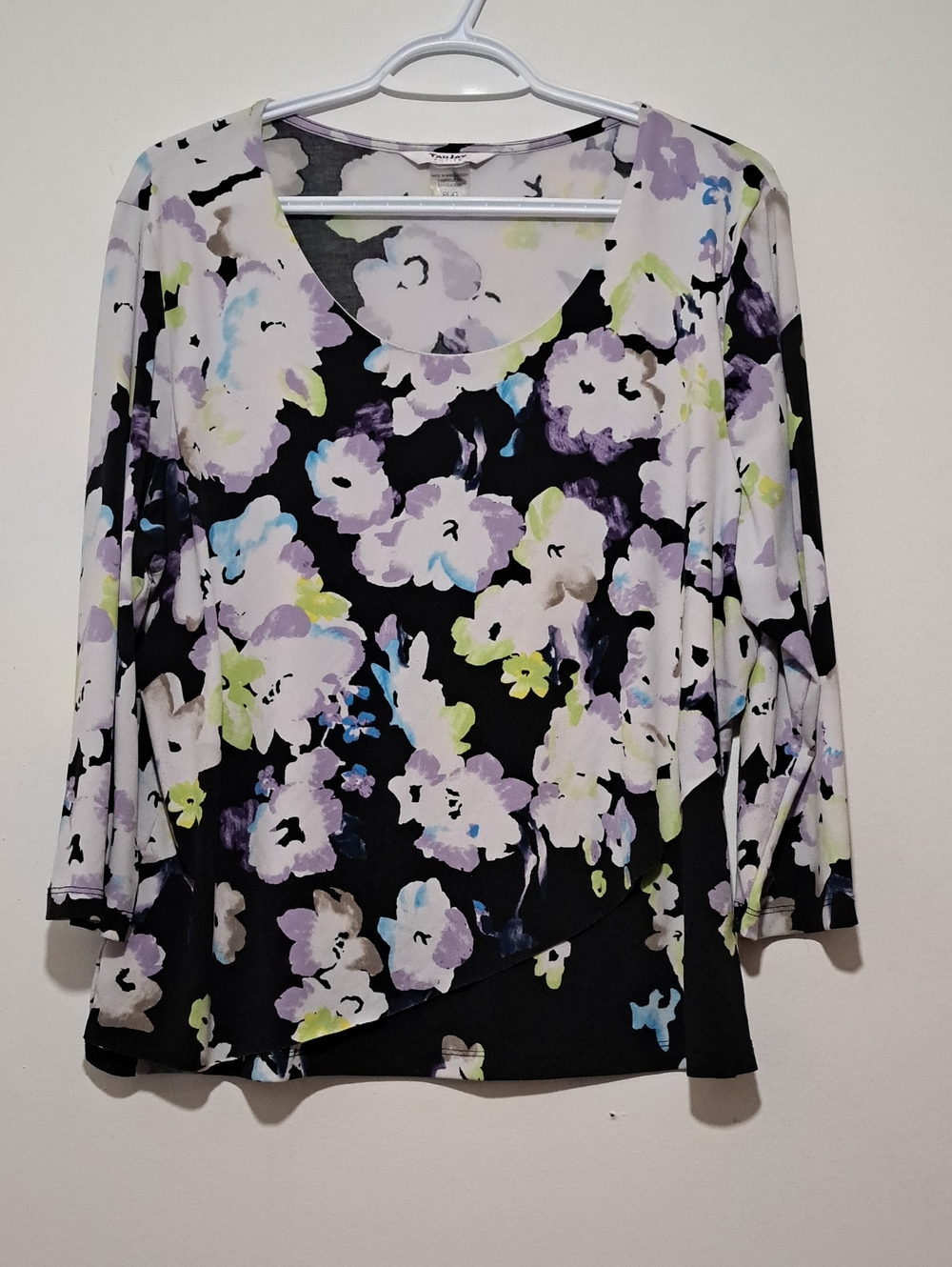 TanJay Petite Black Floral V-Neck Long Sleeve Top with Lavender & White Accents